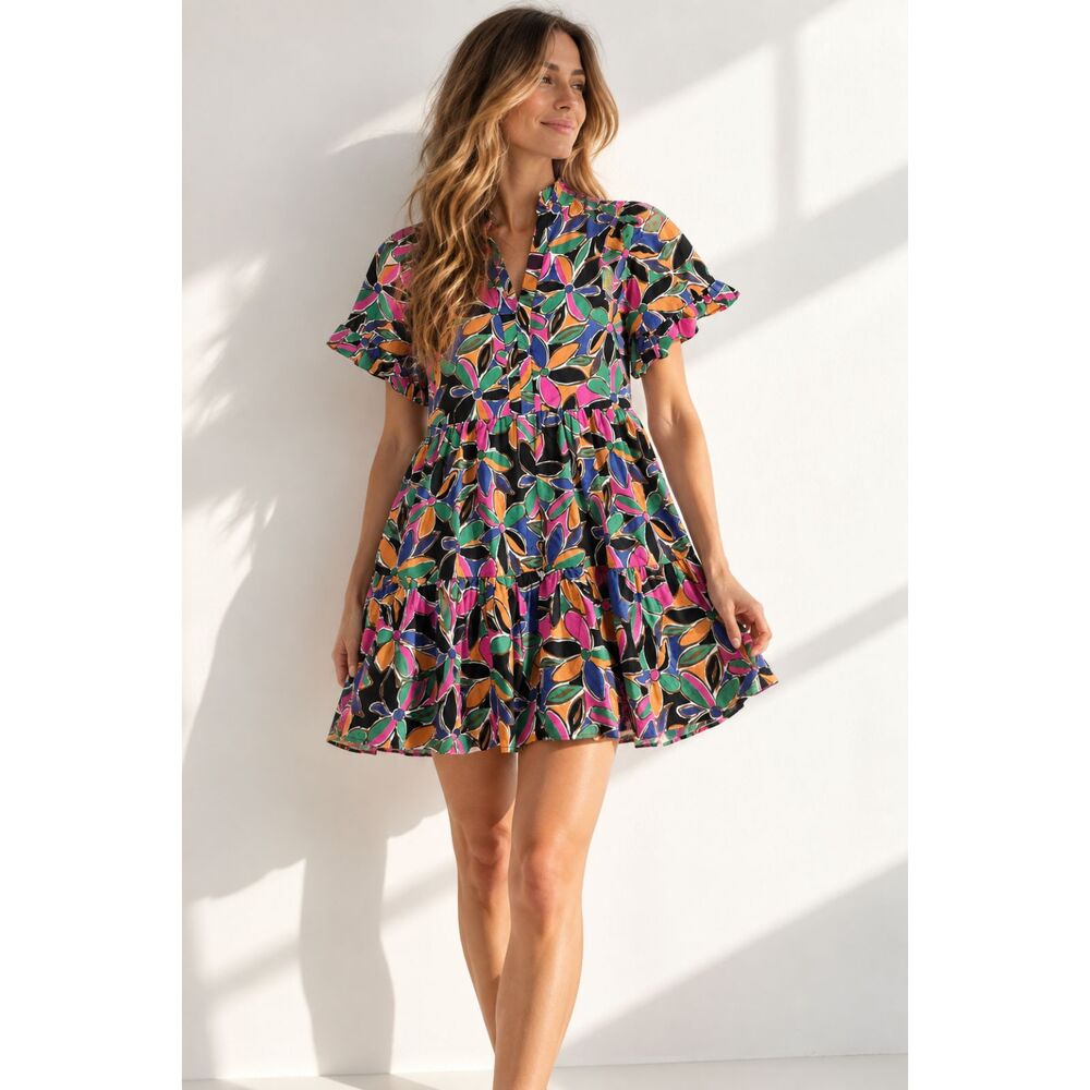 Entro Women’s Small Multicolor Floral Tiered Ruffle Mini Dress Short Sleeve